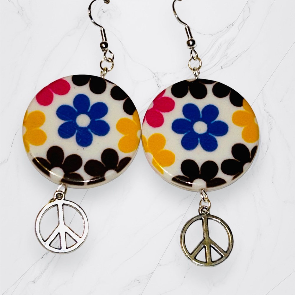 Hand Crafted Earrings Flower Peace Hippie Boho Dangle Silver Pink Blue Pierced - Picture 1 of 6